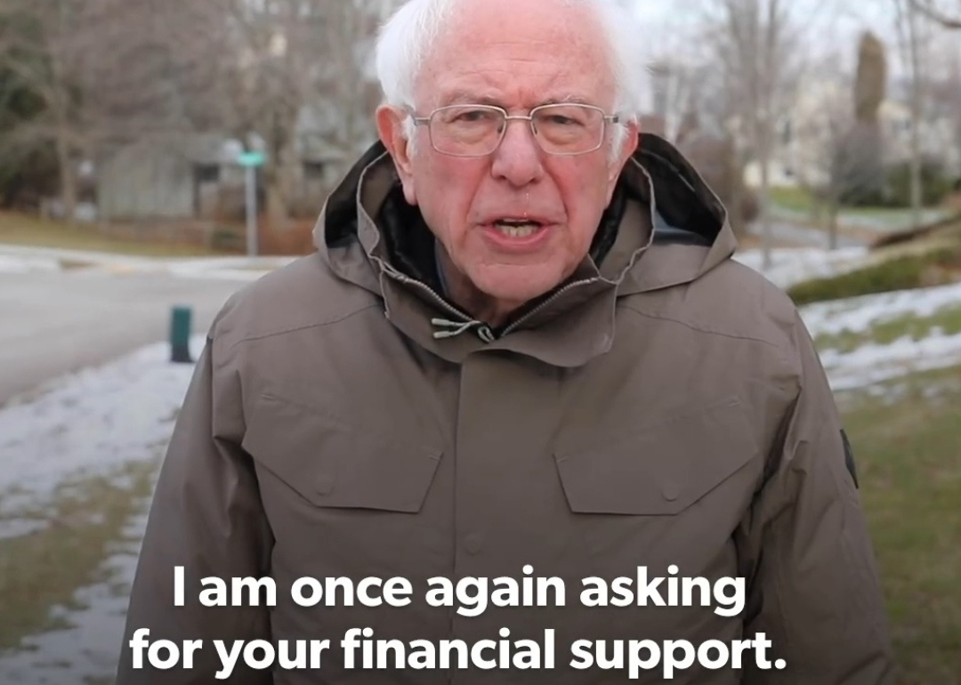 A still of a Bernie Sanders video with the caption "I am once again asking for your financial support."