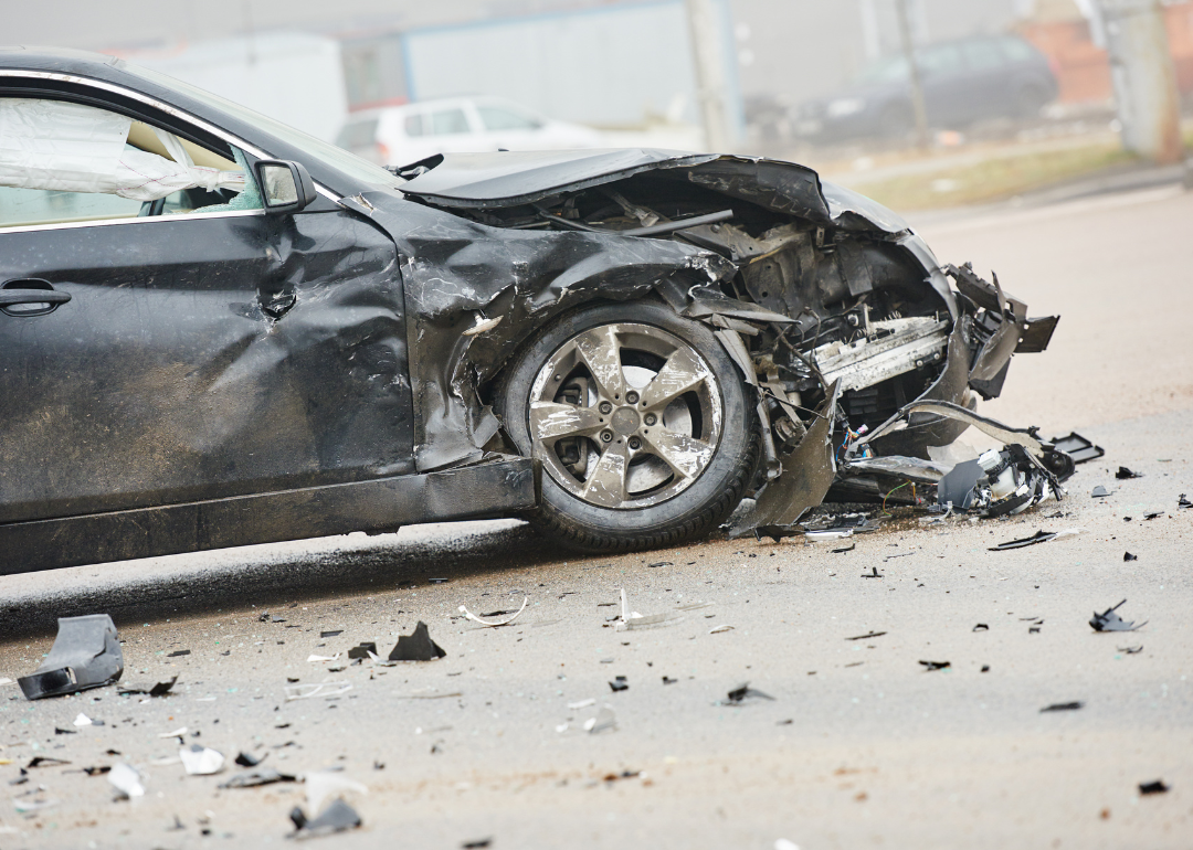 A damaged automobile after a car crash.