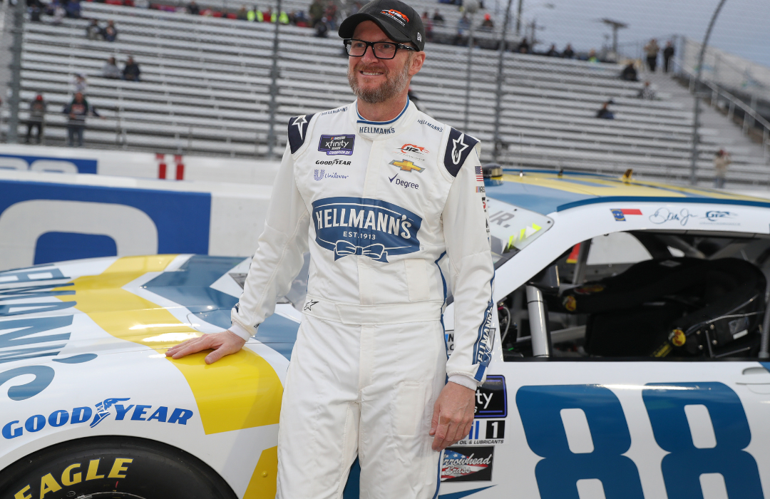Dale Earnhardt Jr, driver of the #88 Hellmann's Fridge Hunters Chevrolet, waiting prior to the NASCAR Xfinity Series Call 811 Before You Dig 250 powered by Call 811.com at Martinsville Speedway on April 08, 2022.