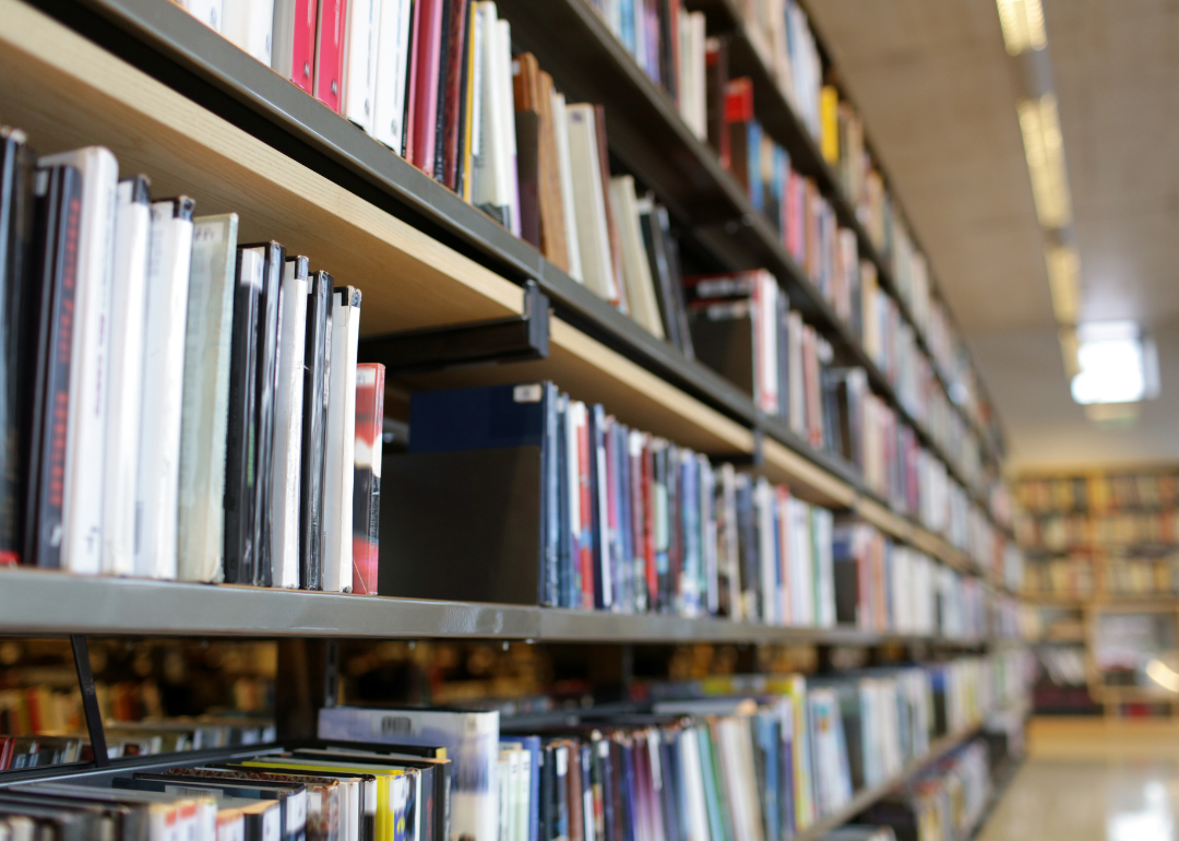 Bookshelves at a high school's library.