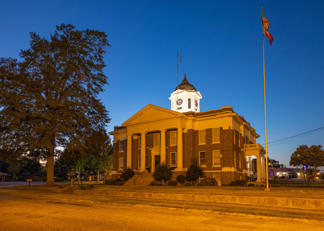 The Historic Dallas County Courthouse in Fordyce, Arkansas, at dusk