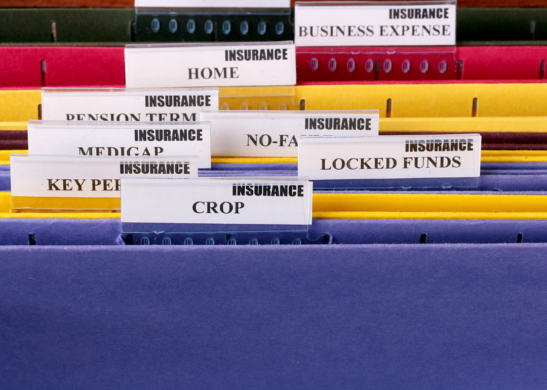 Folders with labels of different types of insurance.