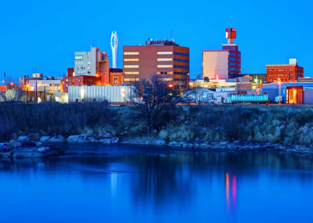 Buildings in Casper, Wyoming, as seen at night.