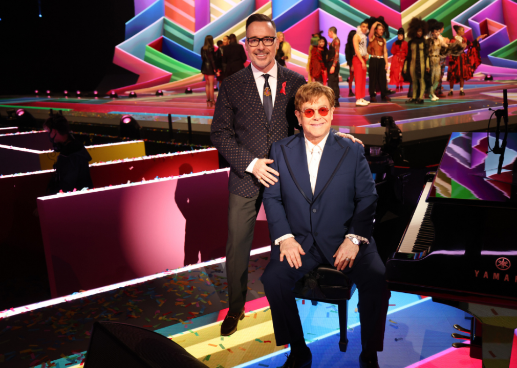 David Furnish and Sir Elton John posing during The BRIT Awards