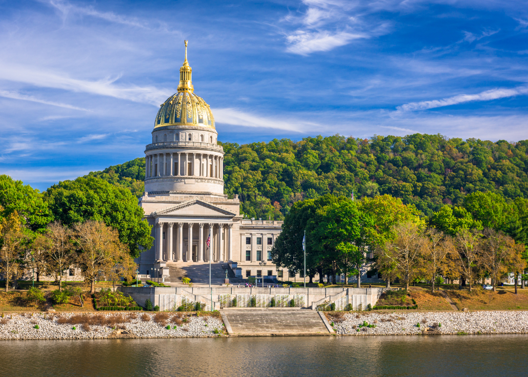 The West Virginia State Capitol as seen from across the water in Charleston.