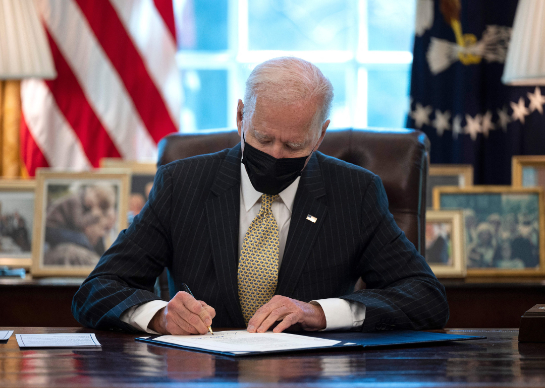 President Joe Biden signing the Paycheck Protection Program Extension Act of 2021 into law.