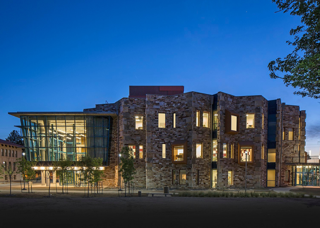 The New Mexico State University Center for the Arts as viewed at night.