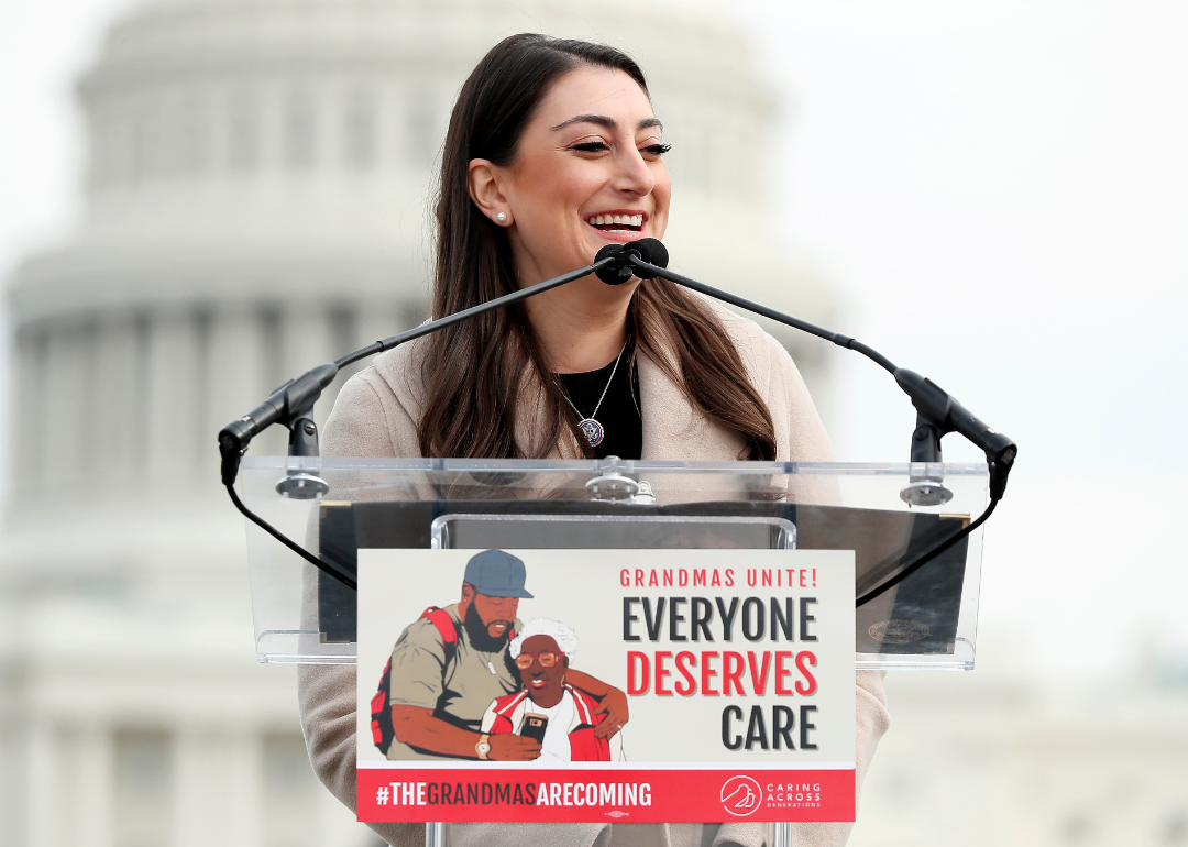Rep. Sara Jacobs (D-CA) speaking at a rally with grandmas and Congressional members for "Build Back Better' in front of the U.S. Capitol Building on December 09, 2021.