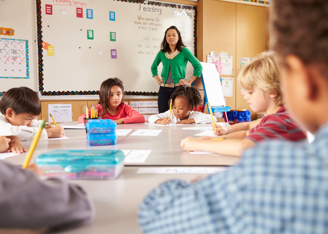 A teacher instructing a class of elementary schoolers.