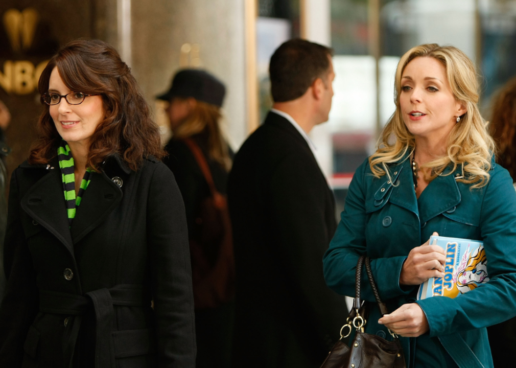 Actresses Tina Fey and Jane Krakowski (R) filming for "30 Rock" at Rockefeller Center