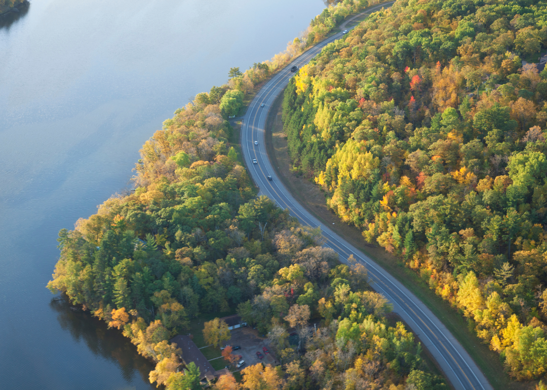 Aerial view of curving road along Mississippi River in northern Minnesota.