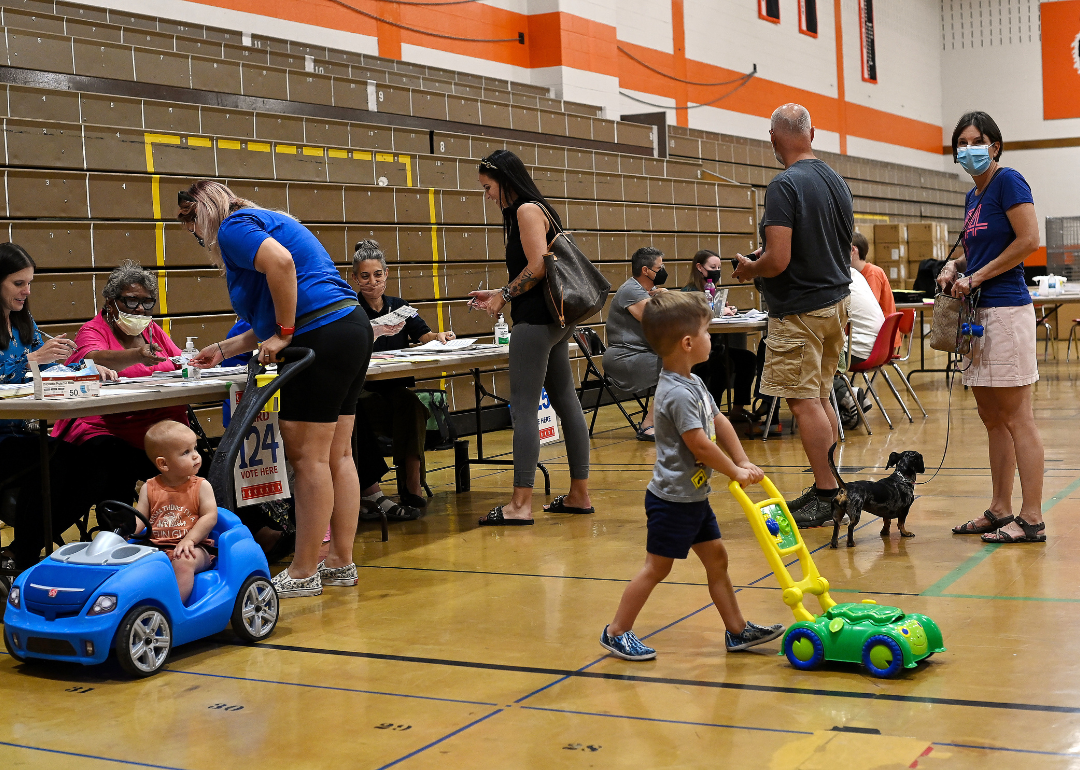 Voters, children, and pets waiting in line inside a polling station in Milwaukee, Wisconsin