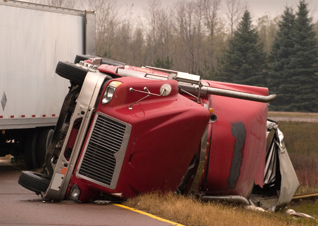 A turned-over semitruck after an accident.