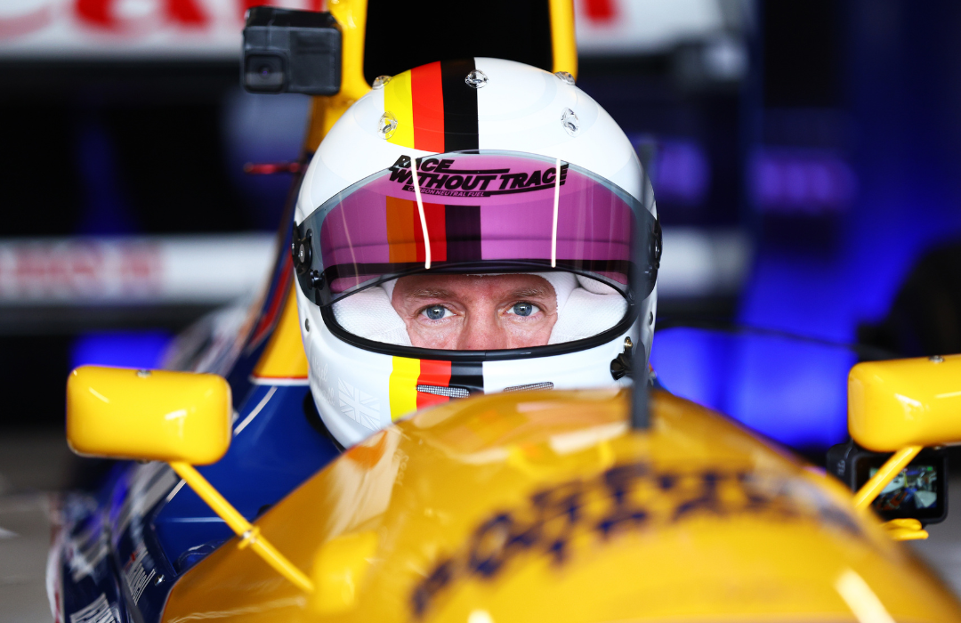 Sebastian Vettel preparing to drive the 1992 Williams FW14 of Nigel Mansell prior to the F1 Grand Prix of Great Britain at Silverstone on July 03, 2022, in Northampton, England.