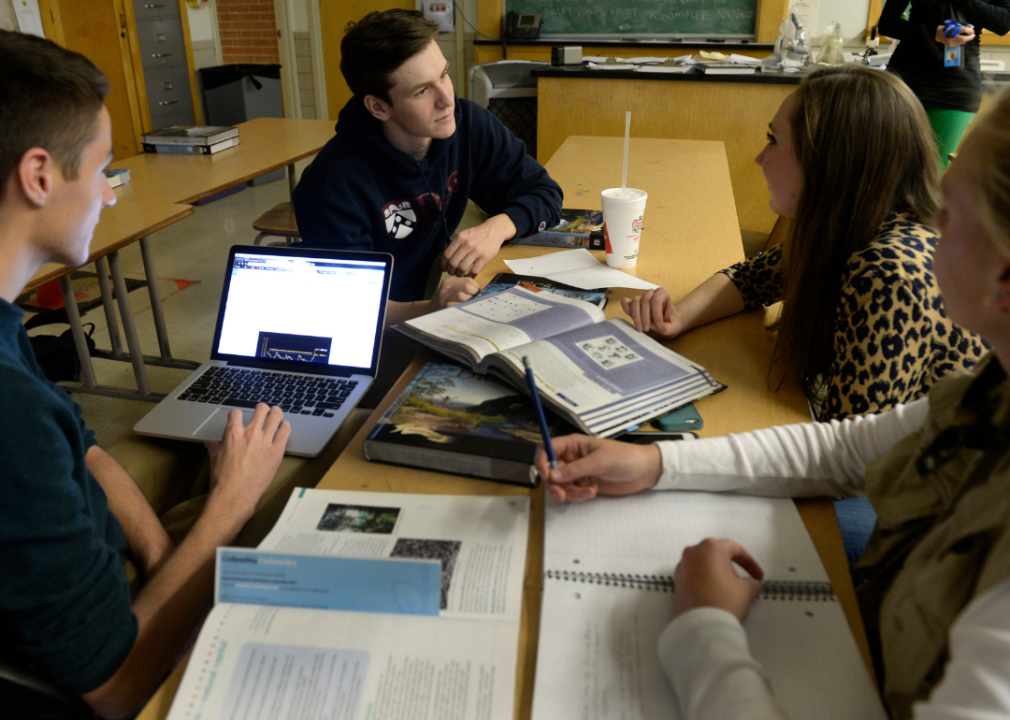 A group of students studying for an International Baccaulaureate environmental science class