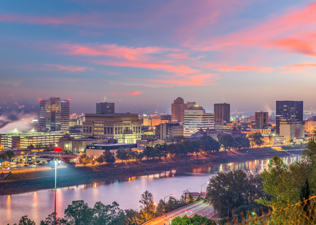 An aerial view of downtown Charleston at sunset.