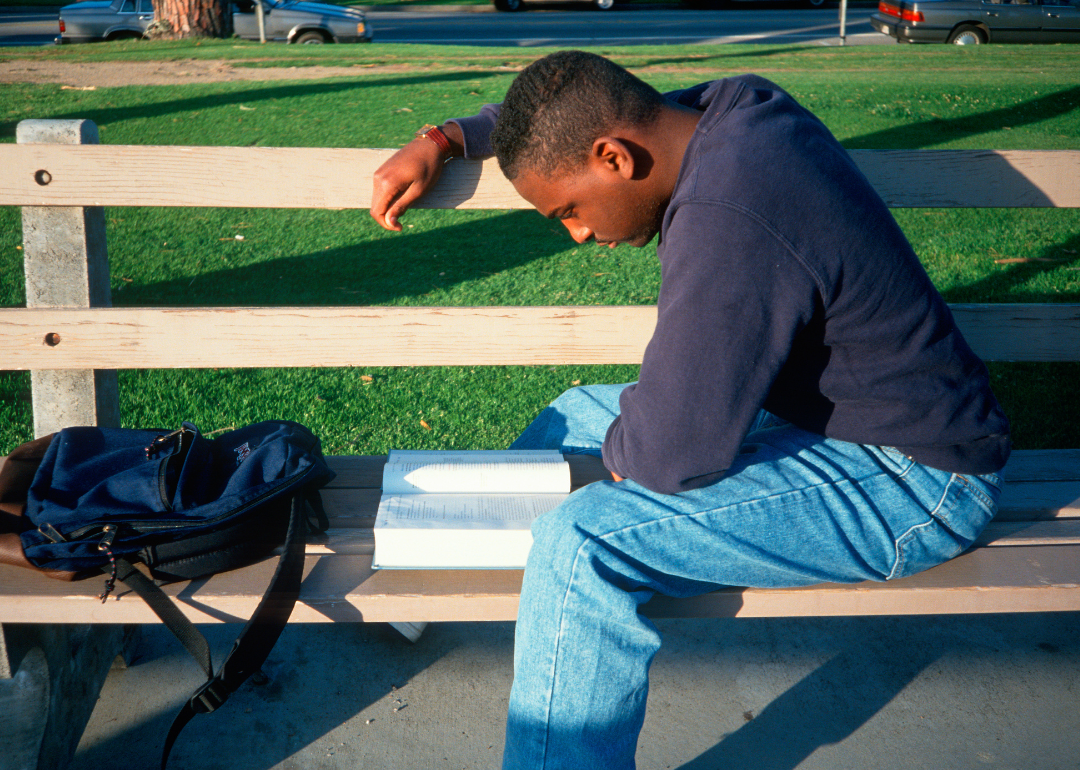 A students studying on a bench in Santa Monica in 1994.