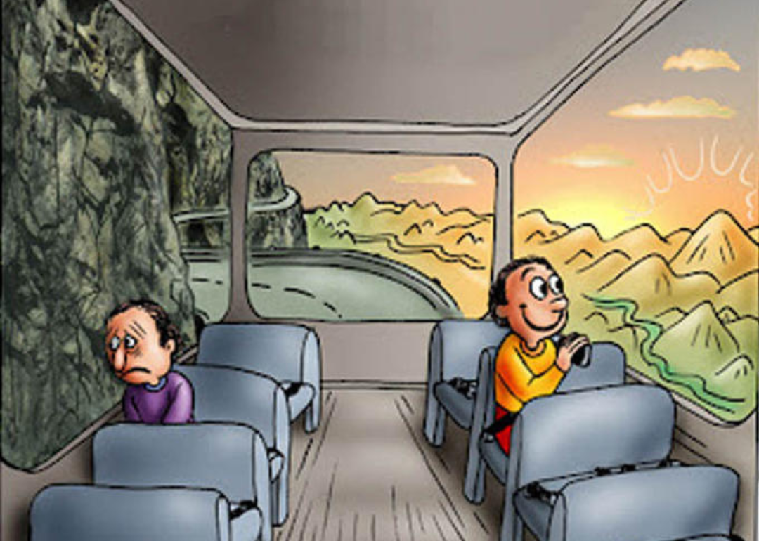 A 2013 cartoon image by Brazilian artist Genildo Ronchi featuring two people sitting on different sides of the same bus, one is looking sadly at a rock wall, while the other is smiling at the sunny view from his window.