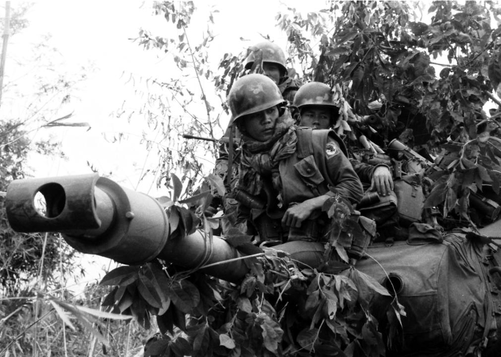 Army of the Republic of Vietnam soldiers riding on a M41 Walker Bulldog light tank, part of a convoy in Operation Lam Son.