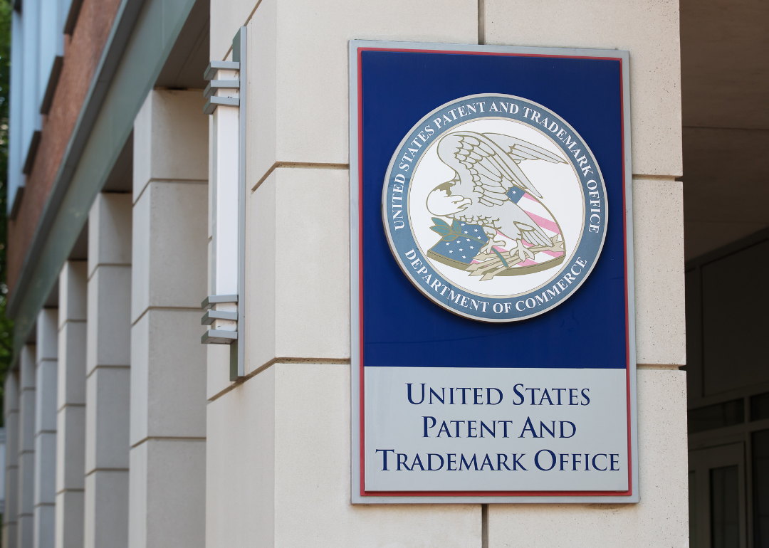 A sign outside the United States Patent and Trademark Office.