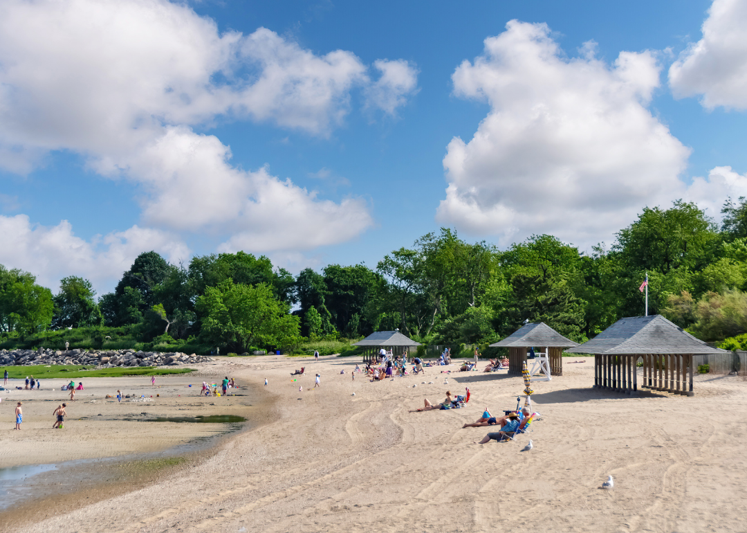A panoramic view over the beach of Tods Point in Old Greenwich.
