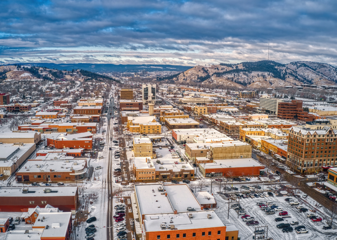 An aerial view of Rapid City, with fresh snow.