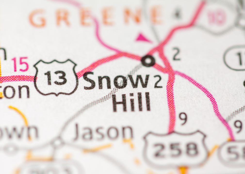 Snow Hill town seen on a map.