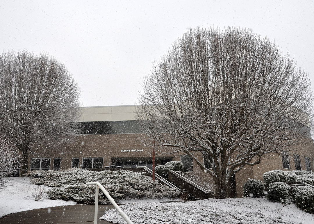 The Eddins Building during a snow storm at Stanly Community College.