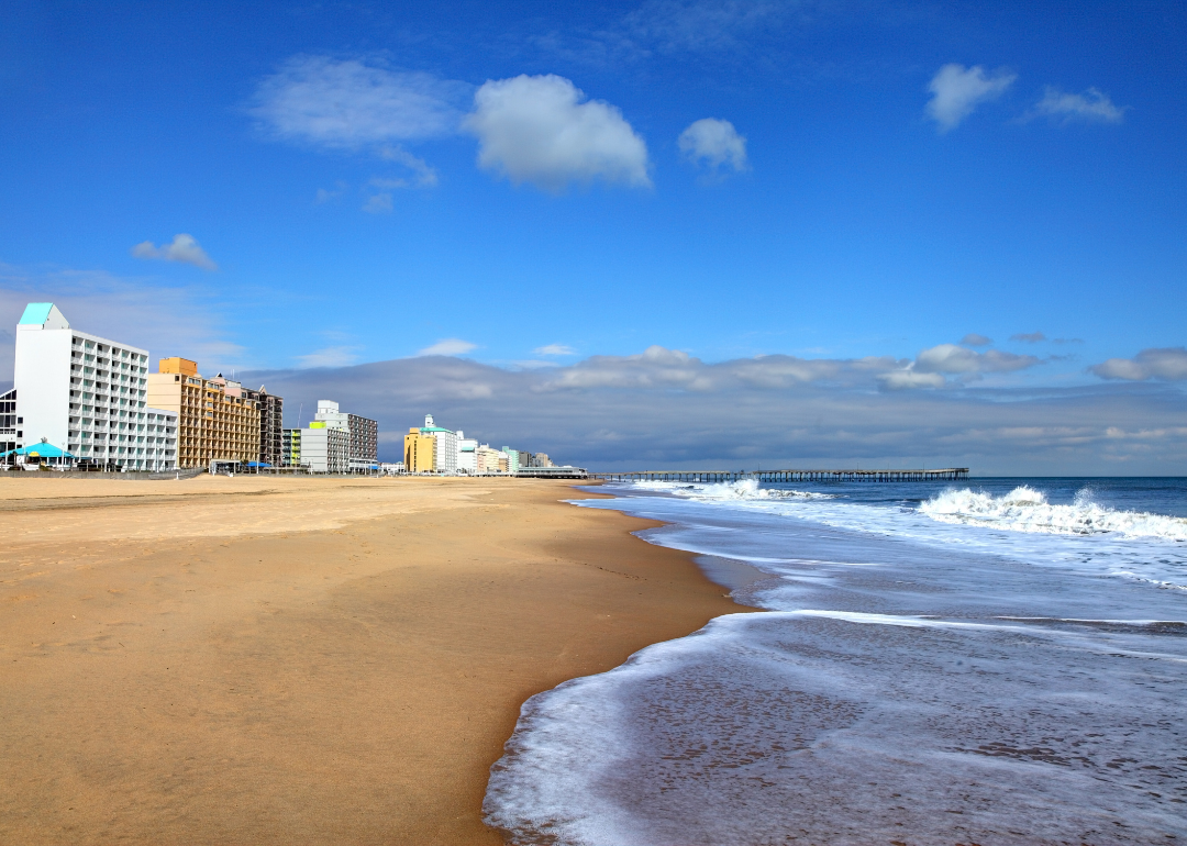 A view of hotels on the coastline of Virginia Beach.