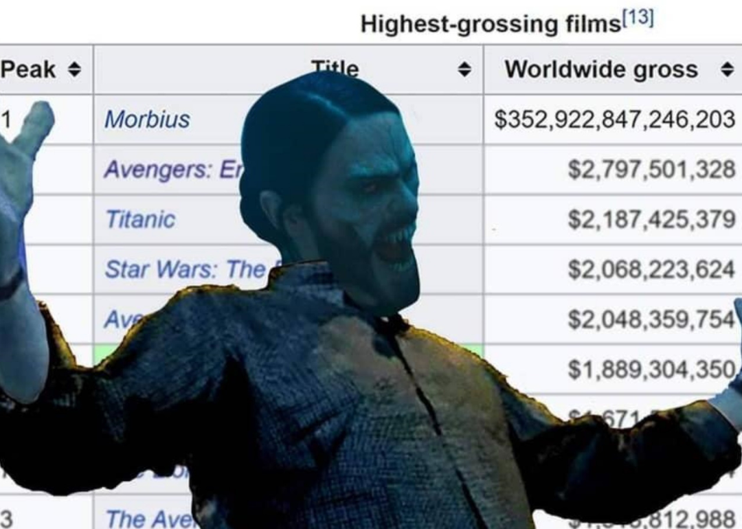 Jared Leto as Morbius spreading his arms in front of fake statistics for the highest grossing films of all time, where Morbius is ranked first. 