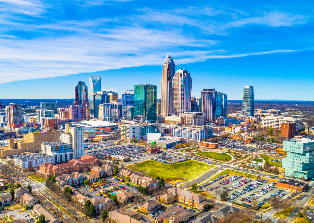 An aerial view of Charlotte, North Carolina, on a sunny day.