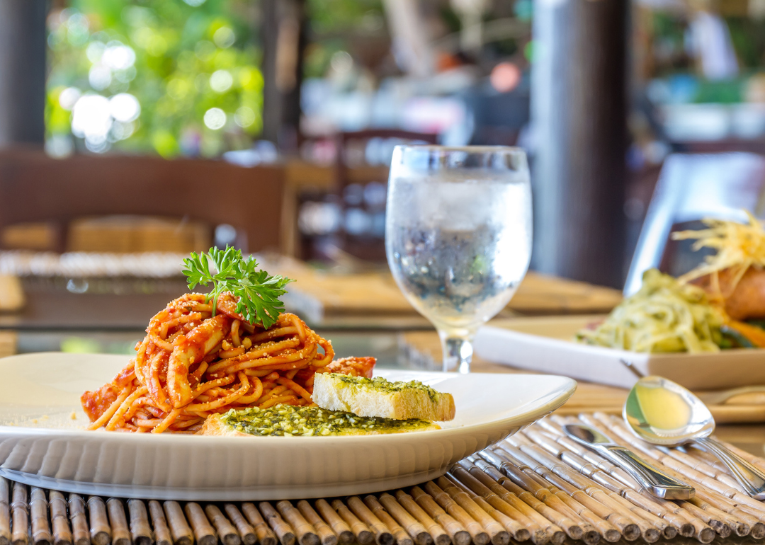 A small portion of seafood pasta.