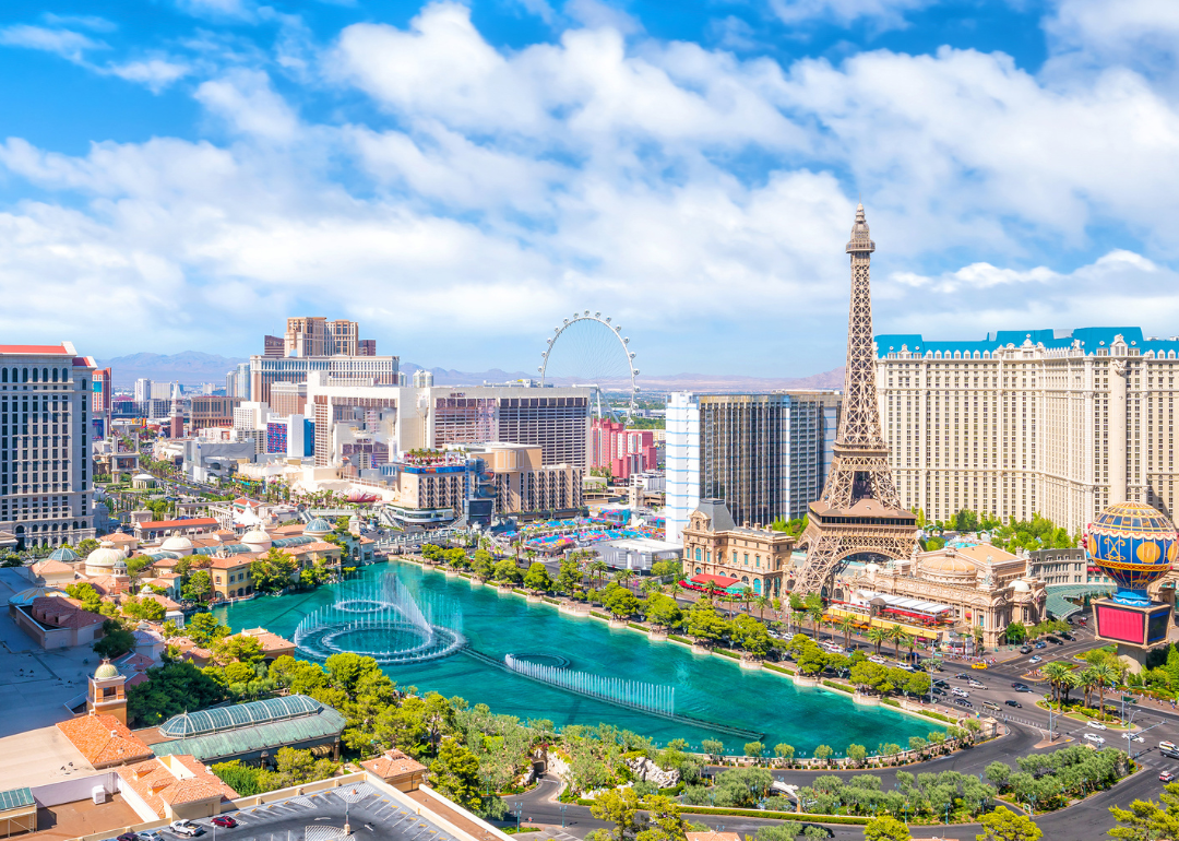 An aerial view of the Las Vegas Strip on a sunny day.