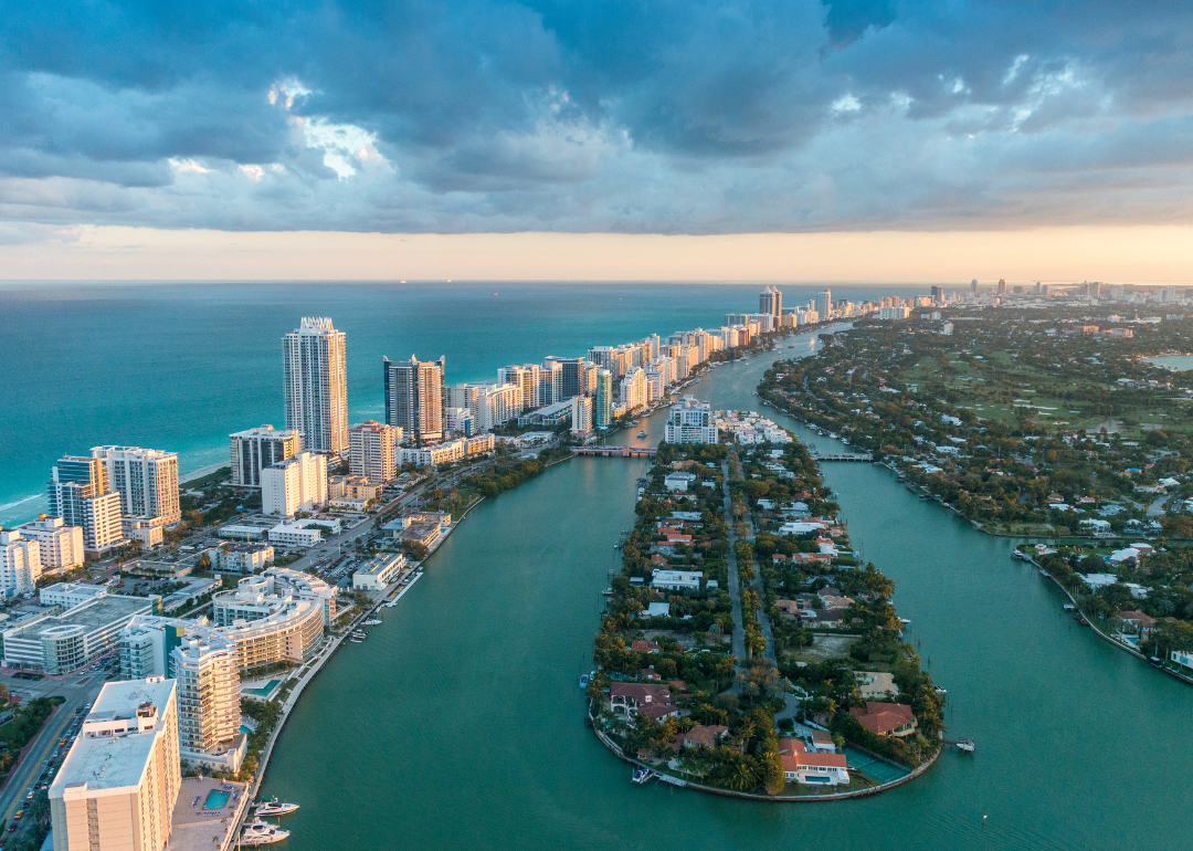 An aerial view of luxury hotels and homes in Miami Beach.