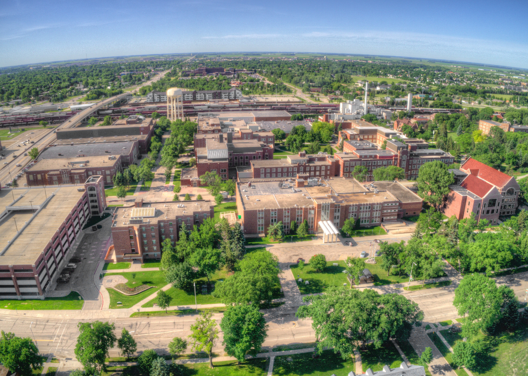 An aerial drone view of the University of North Dakota's campus.