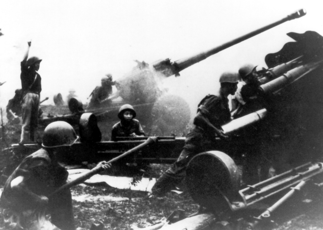 People's Army of Vietnam (PAVN) 130 mm artillery battery in action on the Kontum front during the Easter Offensive.