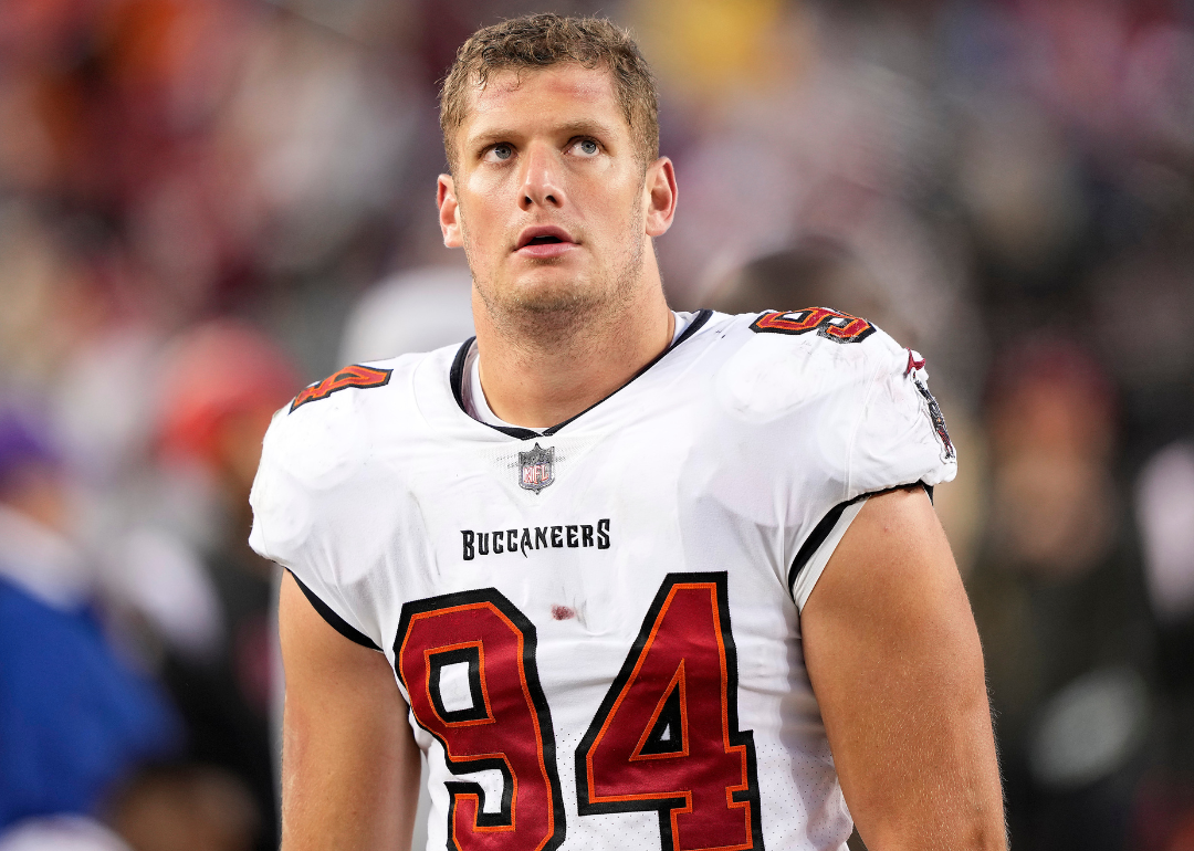 Carl Nassib, #94 of the Tampa Bay Buccaneers, looking on from the sidelines during the fourth quarter against the San Francisco 49ers at Levi's Stadium on December 11, 2022, in Santa Clara, California.