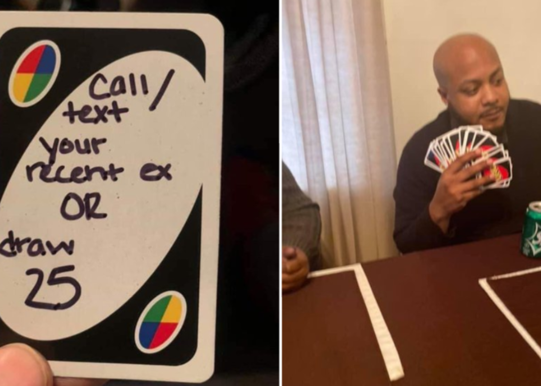 An uno card that reads "Call/text your recent ex OR draw 25" next to an image of a man drawing 25 cards.