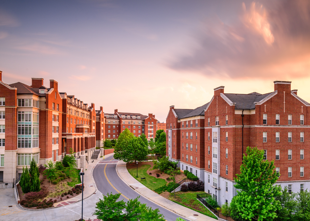 Dormitory apartment buildings at the University of Georgia at dusk.