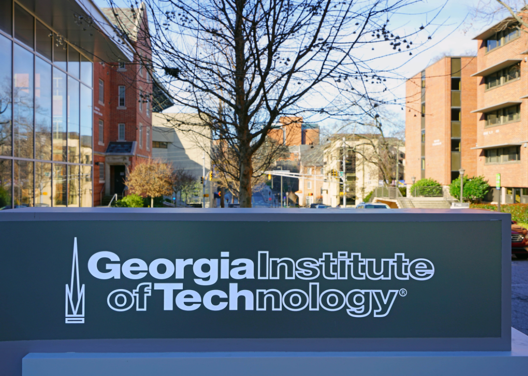 The campus of the Georgia Institute of Technology with a sign announcing the college's name.