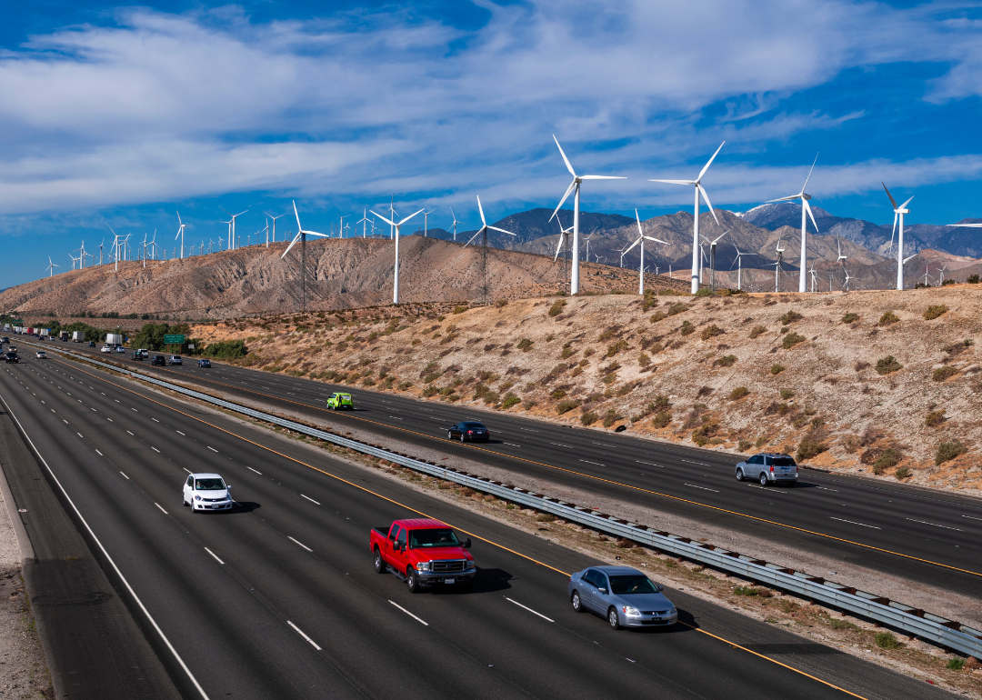 Traffic passing a wind farm in the San Gorgonio Pass near Palm Springs.