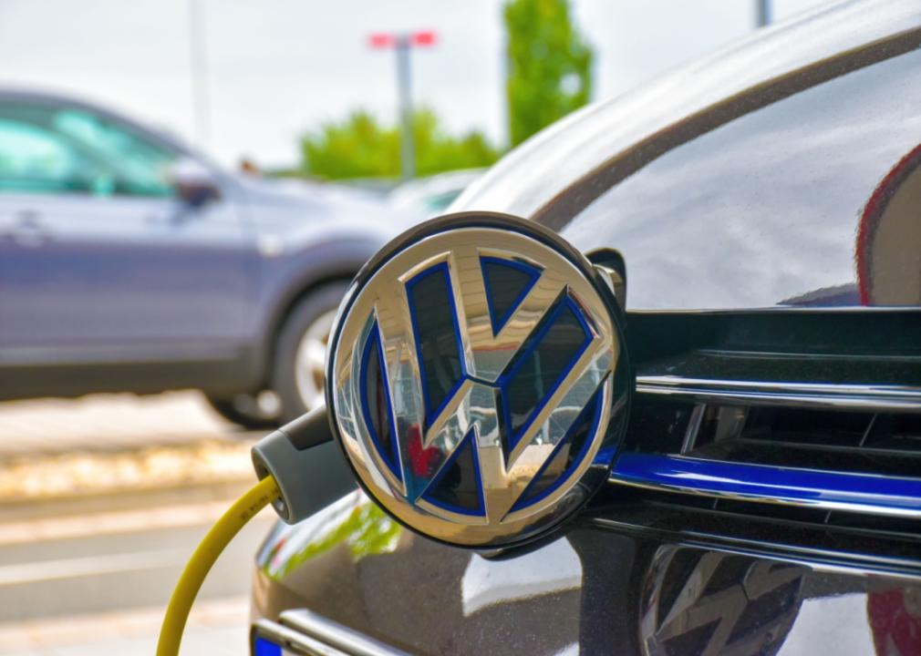 A charging VW electric vehicle outside.