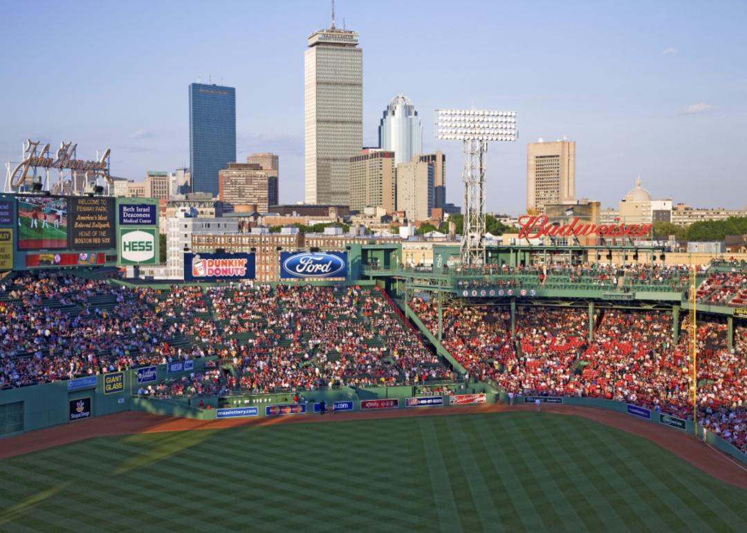 A crowded Fenway Park during a game.