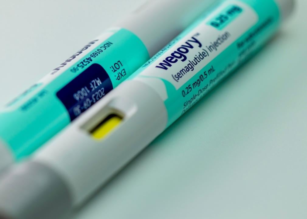 A closeup of two Wegovy semaglutide pens for treatment of chronic obesity.