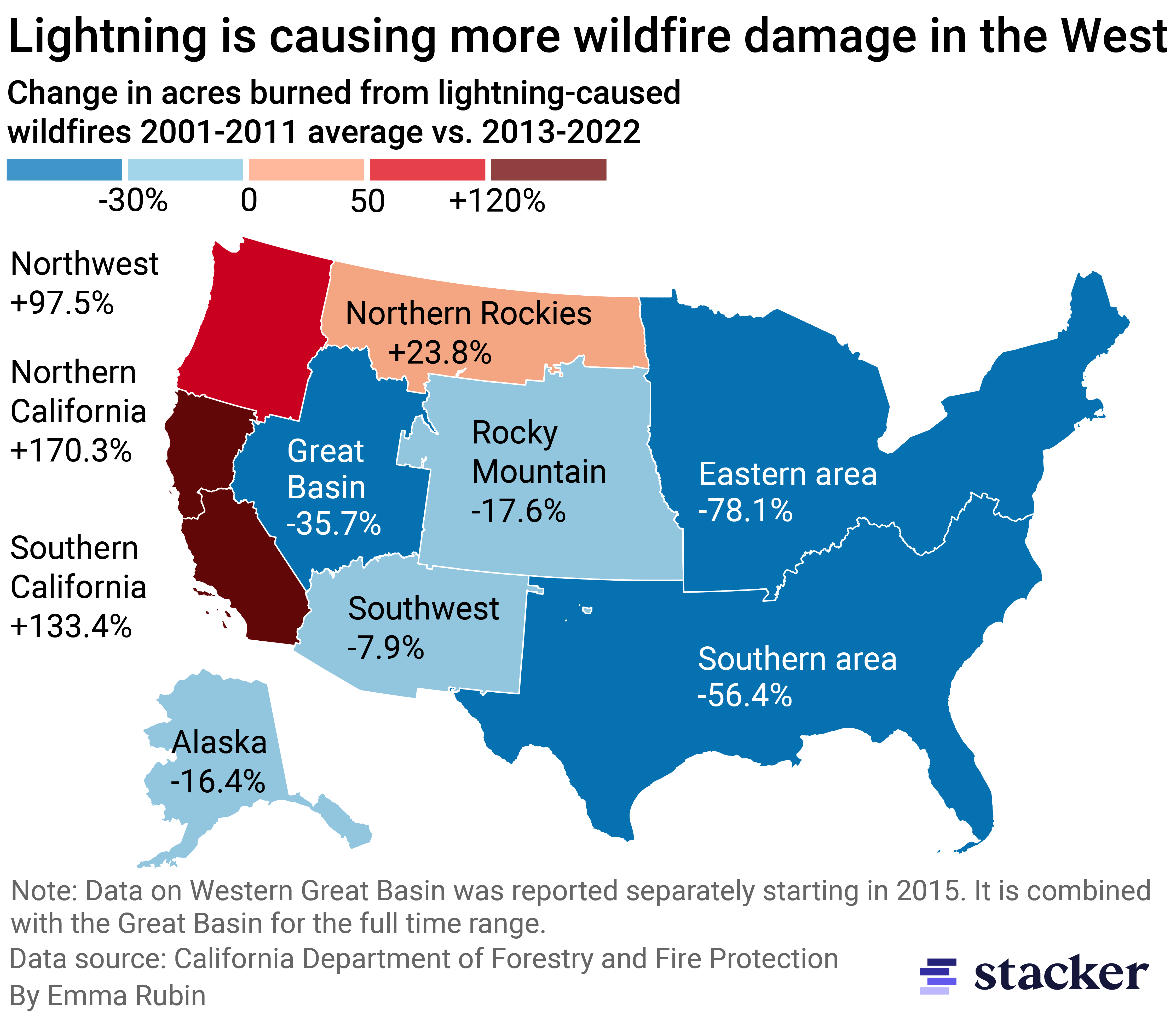 Map showing that in the Northwest and California, lightning is becoming a more prominent cause of wildfires.