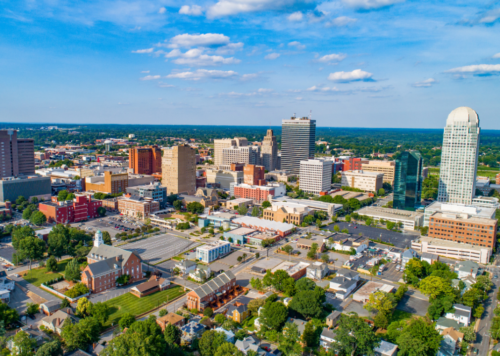 Aerial view of city skyline.