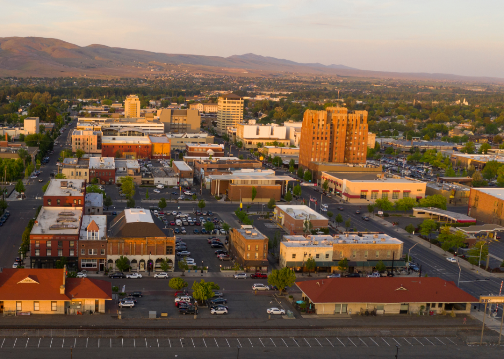 An aerial view of Downtown Yakima at sunset.
