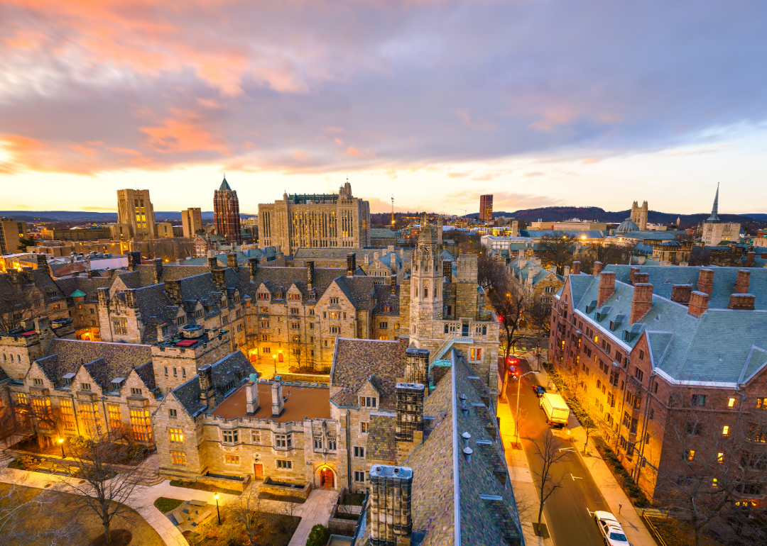 Aerial view of Yale University at dusk.