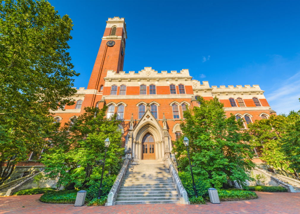 #23. Vanderbilt University A historic stone building with a clocktower.