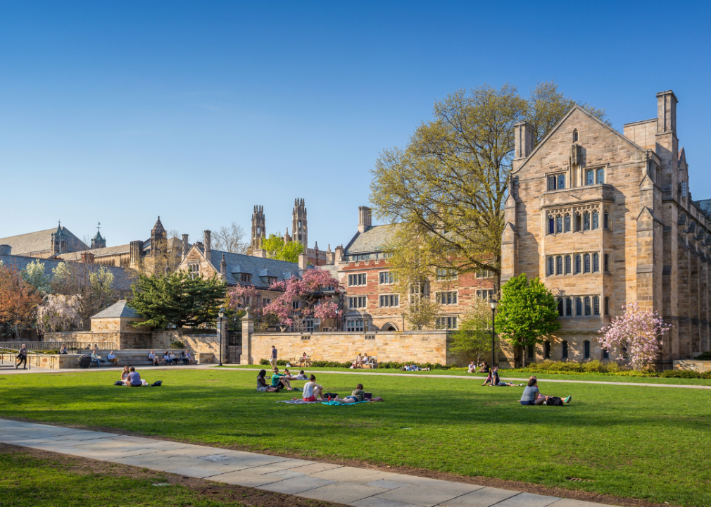 #10. Yale University Students sitting on a green lawn on campus.